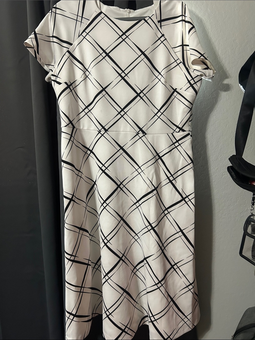 London Style White Midi Dress with Black Grid Print